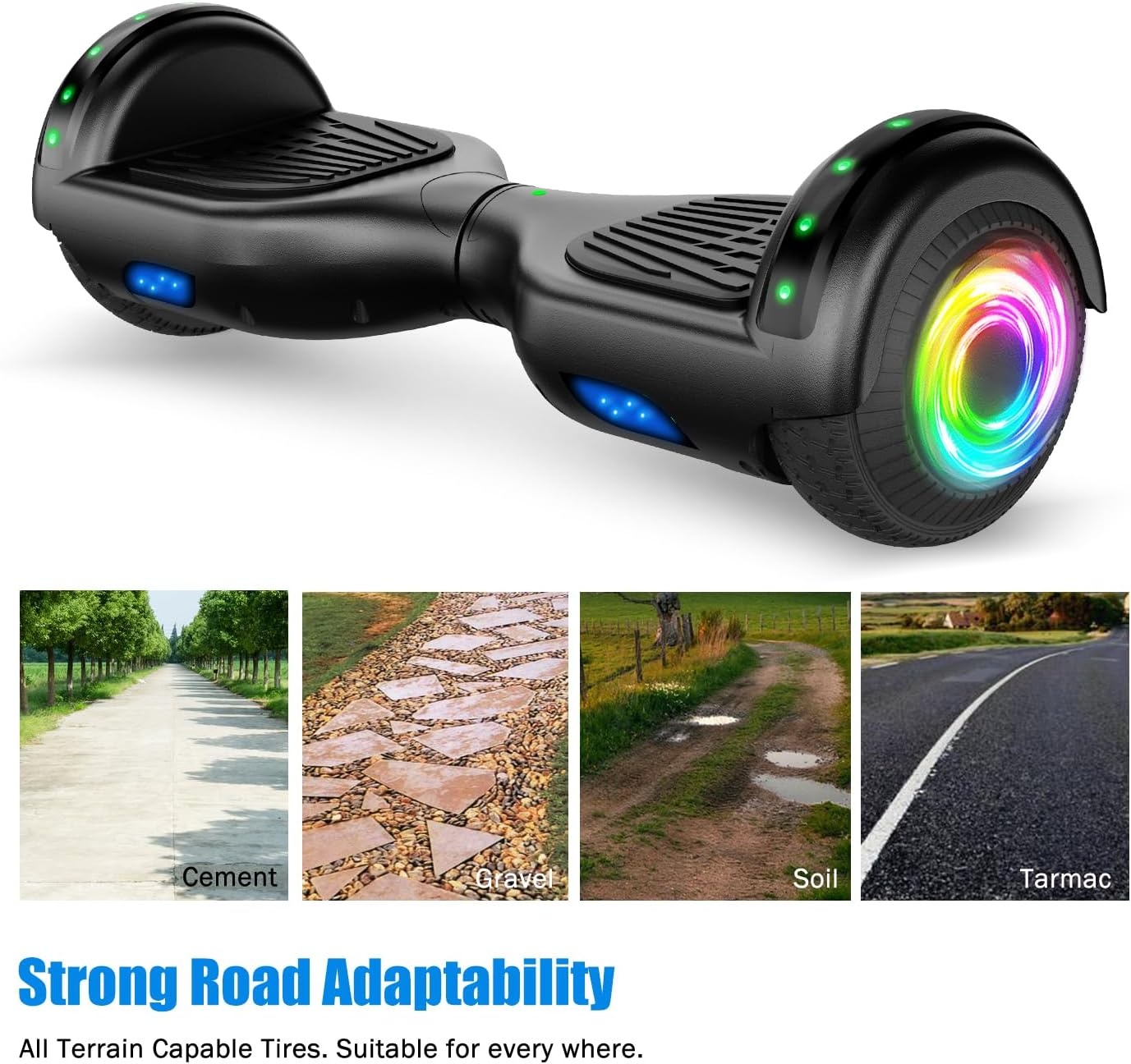 SISIGAD Offroad hoverboard voor kinderen en volwassenen met 6,5 inch banden, krachtige batterij, hoverboard, bluetooth, luidspreker, LED-licht, A02, A02, zwart