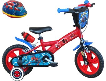 A.T.L.A.S. 12 inch Spiderman fiets met 2 remmen, decoratieve voorplaat, spatborden, behuizing en stabilisatoren + Spiderman-helm inbegrepen, rood zoals op de foto's