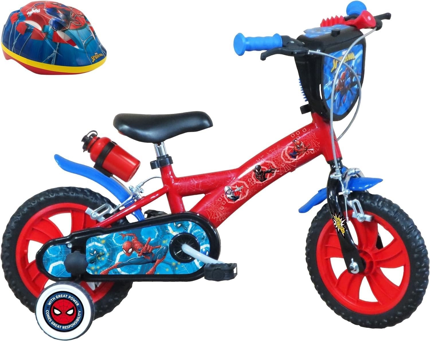A.T.L.A.S. 12 inch Spiderman fiets met 2 remmen, decoratieve voorplaat, spatborden, behuizing en stabilisatoren + Spiderman-helm inbegrepen, rood zoals op de foto's