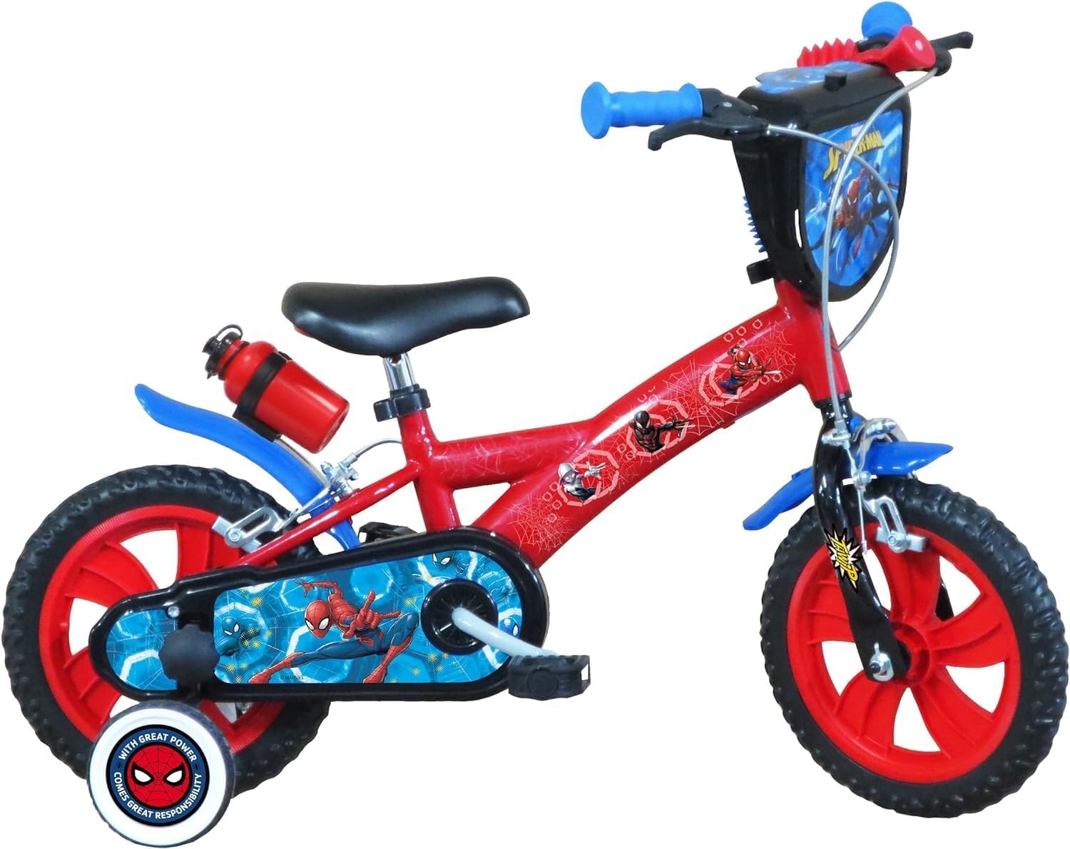 A.T.L.A.S. 12 inch Spiderman fiets met 2 remmen, decoratieve voorplaat, spatborden, behuizing en stabilisatoren + Spiderman-helm inbegrepen, rood zoals op de foto's