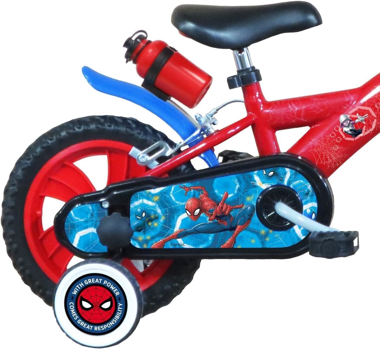 A.T.L.A.S. 12 inch Spiderman fiets met 2 remmen, decoratieve voorplaat, spatborden, behuizing en stabilisatoren + Spiderman-helm inbegrepen, rood zoals op de foto's