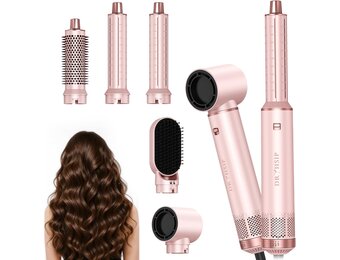 Haardrogerborstel, 5-in-1 heteluchtborstel, föhn en styler met afneembare opzetstukken (krultang, volumeborstel, stijltang, krulspeld), lichtgewicht reisföhns voor vrouwen, compact formaat