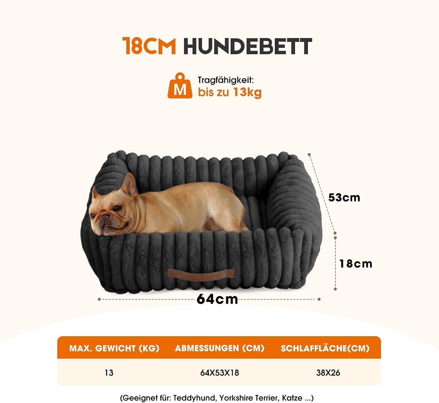 Hondenbed orthopedisch voor middelgrote honden, corduroy, wasbaar, antislip onderkant, zwart, 63,5x53x18 cm