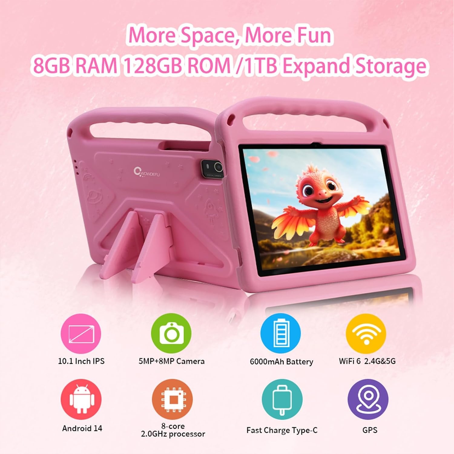Kindertablet, 10 inch Android 14-tablet voor kinderen met beschermhoes, CWOWDEFU Kids Pad heeft 8 GB RAM, 128 GB ROM (tot 1 TB bruikbaar), WiFi 6, Bluetooth 5.0, 6000 mAh, GPS