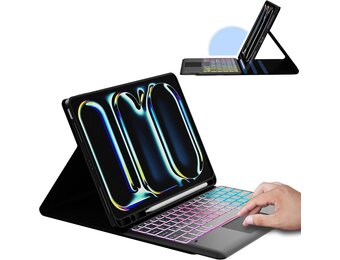 ROOFEI voor iPad Pro 13 inch (M4) 2024 hoes met afneembaar Bluetooth QWERTZ-lay-out toetsenbord: DIY 3-zones 7-kleuren verlichting toetsenbord hoes met touchpad en penhouder