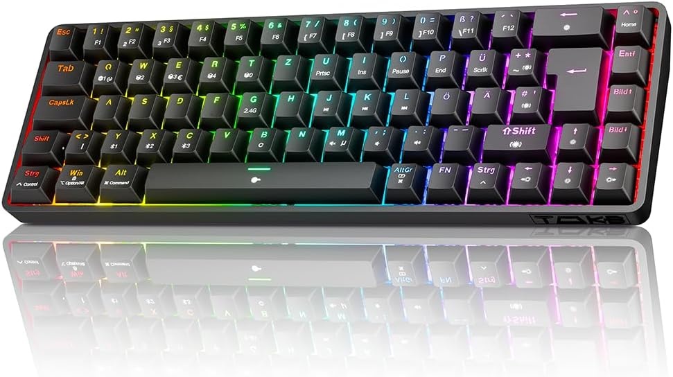 TMKB T68 Gaming-toetsenbord, 60% draadloos, mechanisch RGB-toetsenbord met Bluetooth/2,4 G/type C, compact 68 toetsen, anti-ghosting, Duitse QWERTZ lay-out, Blue Clicky Switch, zwart