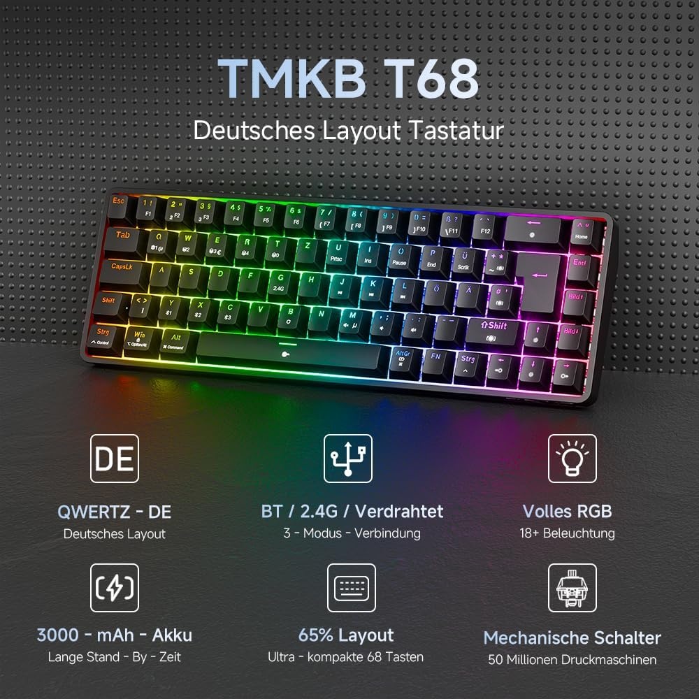 TMKB T68 Gaming-toetsenbord, 60% draadloos, mechanisch RGB-toetsenbord met Bluetooth/2,4 G/type C, compact 68 toetsen, anti-ghosting, Duitse QWERTZ lay-out, Blue Clicky Switch, zwart