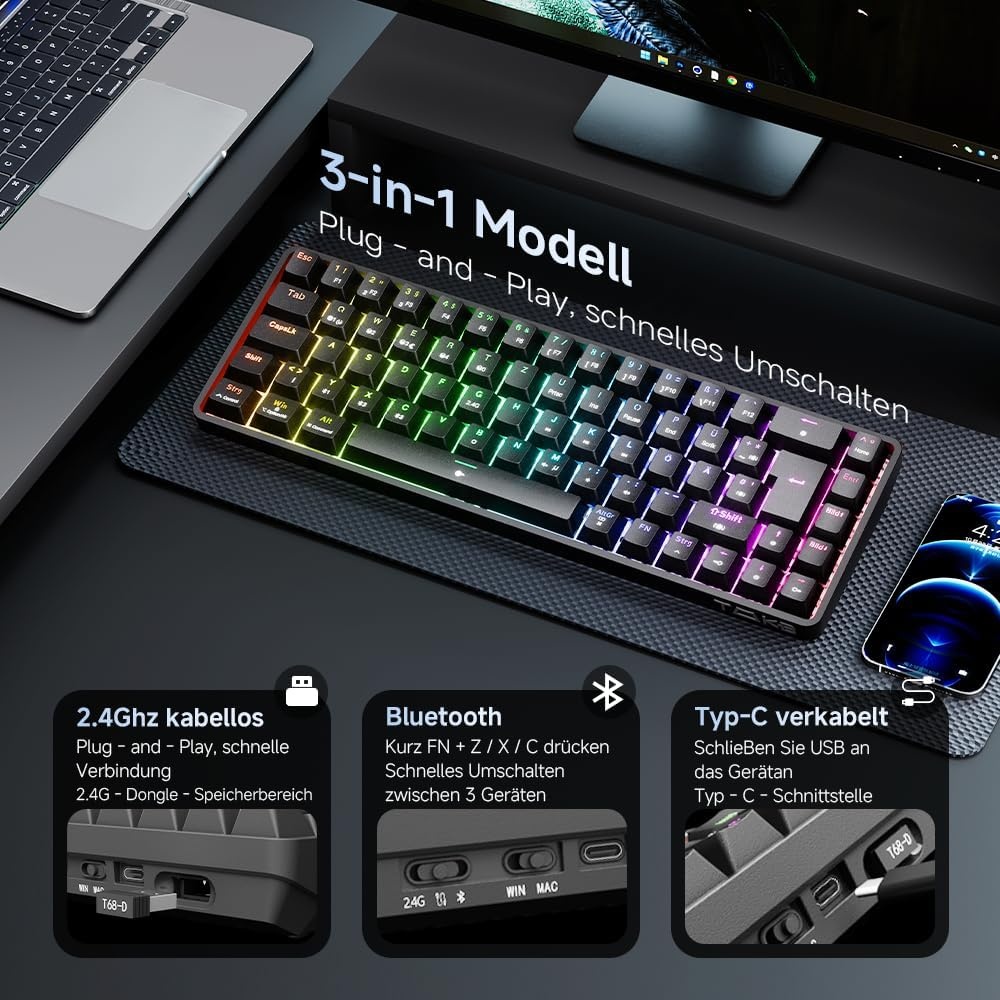TMKB T68 Gaming-toetsenbord, 60% draadloos, mechanisch RGB-toetsenbord met Bluetooth/2,4 G/type C, compact 68 toetsen, anti-ghosting, Duitse QWERTZ lay-out, Blue Clicky Switch, zwart