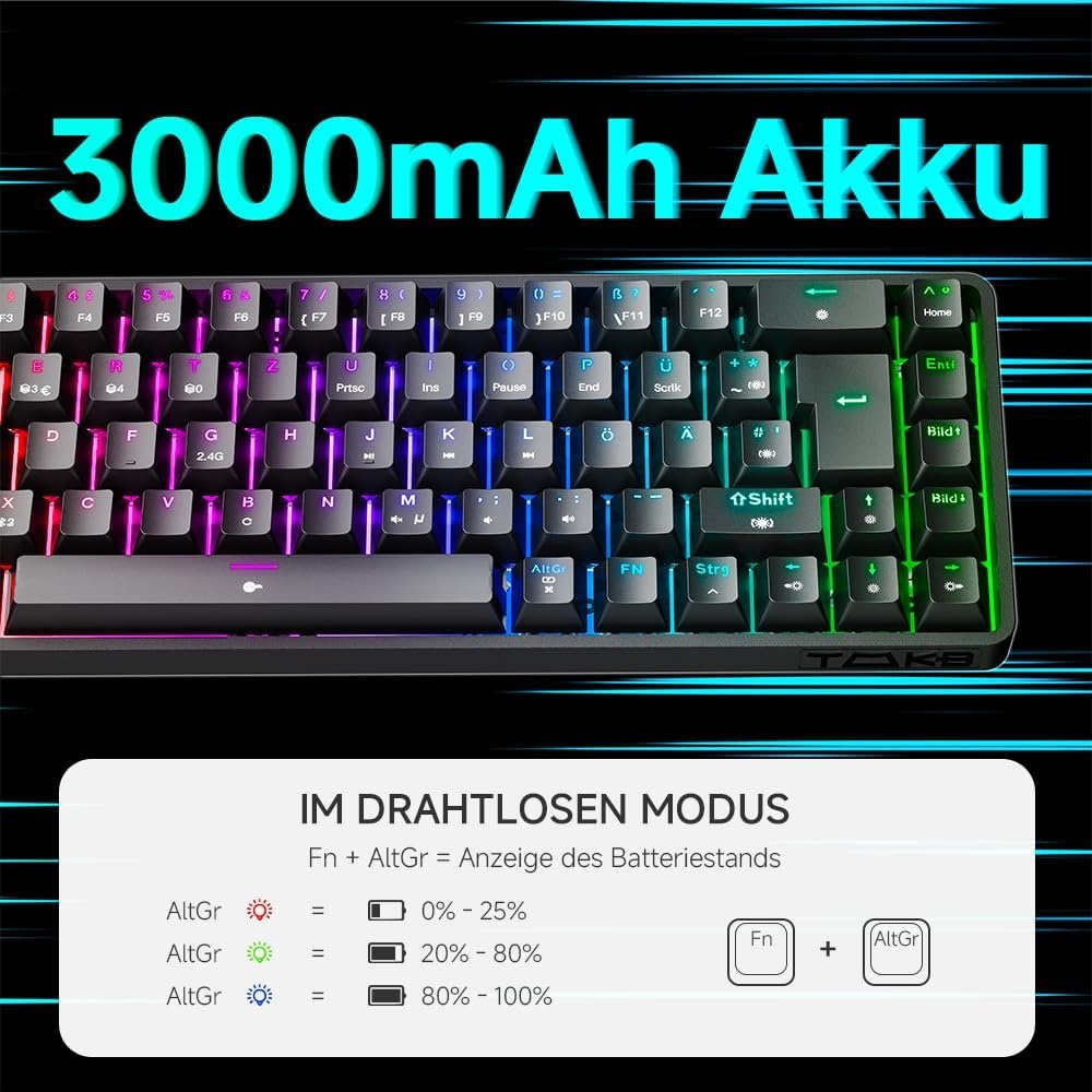TMKB T68 Gaming-toetsenbord, 60% draadloos, mechanisch RGB-toetsenbord met Bluetooth/2,4 G/type C, compact 68 toetsen, anti-ghosting, Duitse QWERTZ lay-out, Blue Clicky Switch, zwart