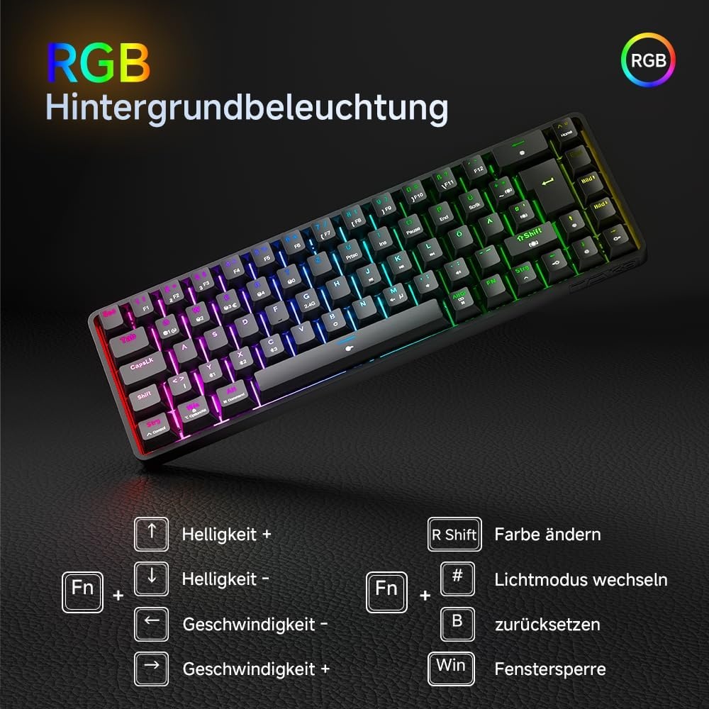 TMKB T68 Gaming-toetsenbord, 60% draadloos, mechanisch RGB-toetsenbord met Bluetooth/2,4 G/type C, compact 68 toetsen, anti-ghosting, Duitse QWERTZ lay-out, Blue Clicky Switch, zwart