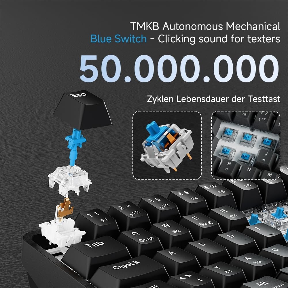 TMKB T68 Gaming-toetsenbord, 60% draadloos, mechanisch RGB-toetsenbord met Bluetooth/2,4 G/type C, compact 68 toetsen, anti-ghosting, Duitse QWERTZ lay-out, Blue Clicky Switch, zwart