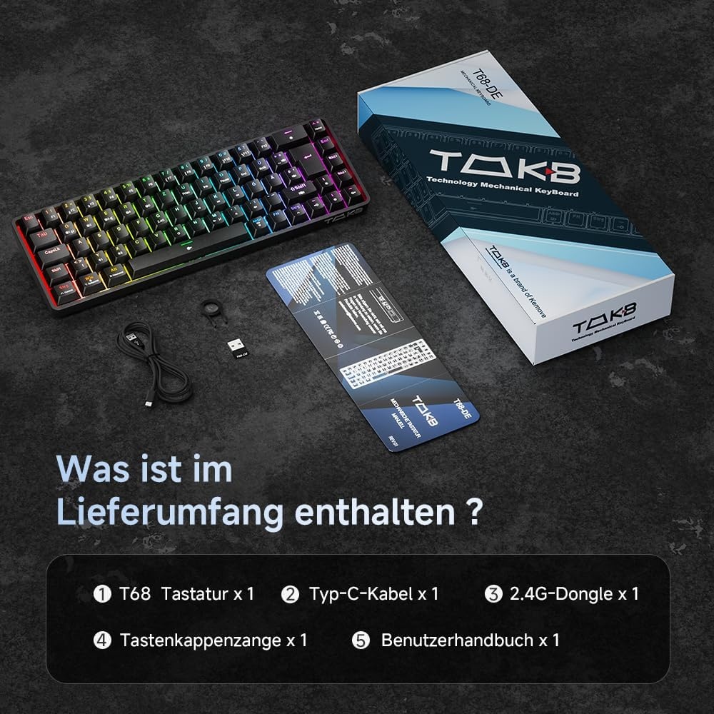 TMKB T68 Gaming-toetsenbord, 60% draadloos, mechanisch RGB-toetsenbord met Bluetooth/2,4 G/type C, compact 68 toetsen, anti-ghosting, Duitse QWERTZ lay-out, Blue Clicky Switch, zwart