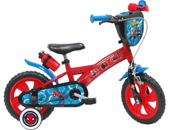 ATLAS Spiderman 12 inch Bicycle Equipped with 1 Brake, Decorative Front Plate, mudguards, crankcase and stabilizers.