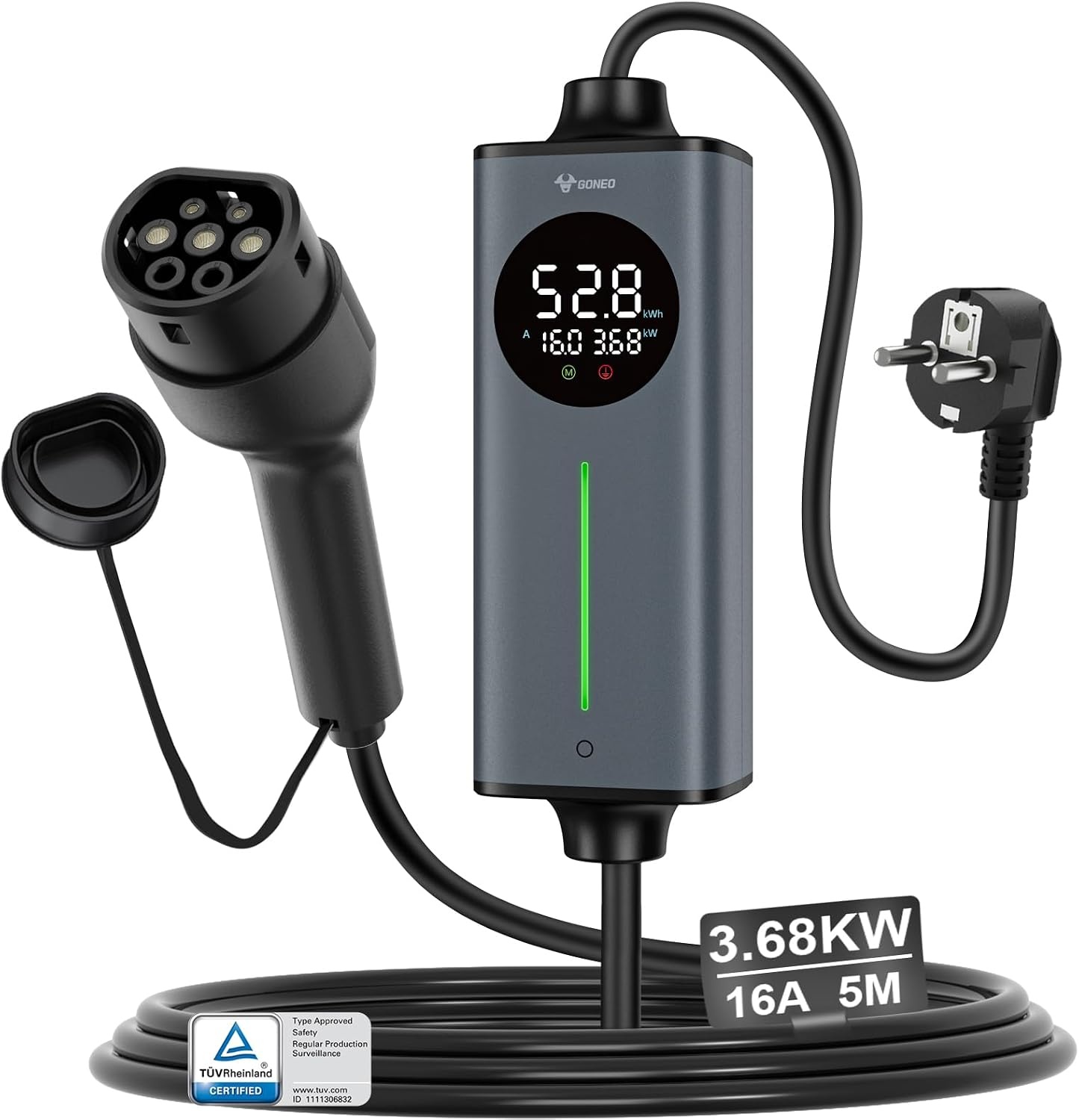 GONEO Type 2 Laadkabel Schuko 3,68kW 16A 5m | Draagbare EV-lader & Noodlaadkabel 230V voor EV PHEV | Met AC/DC Aardlekschakelaar, Temperatuurbeveiliging & Timer – Ideaal Thuis en Onderweg - Maat 5M | TUV CE