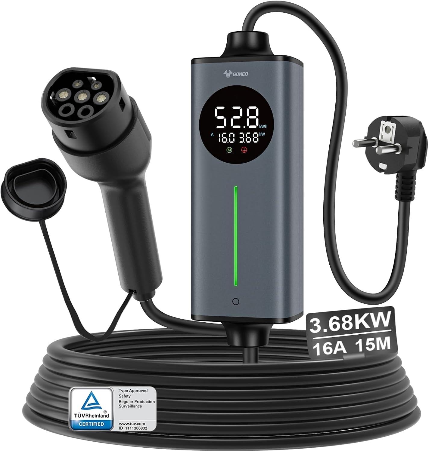GONEO Type 2 Laadkabel Schuko 3,68kW 16A 5m | Draagbare EV-lader & Noodlaadkabel 230V voor EV PHEV | Met AC/DC Aardlekschakelaar, Temperatuurbeveiliging & Timer – Ideaal Thuis en Onderweg - Maat 5M | TUV CE