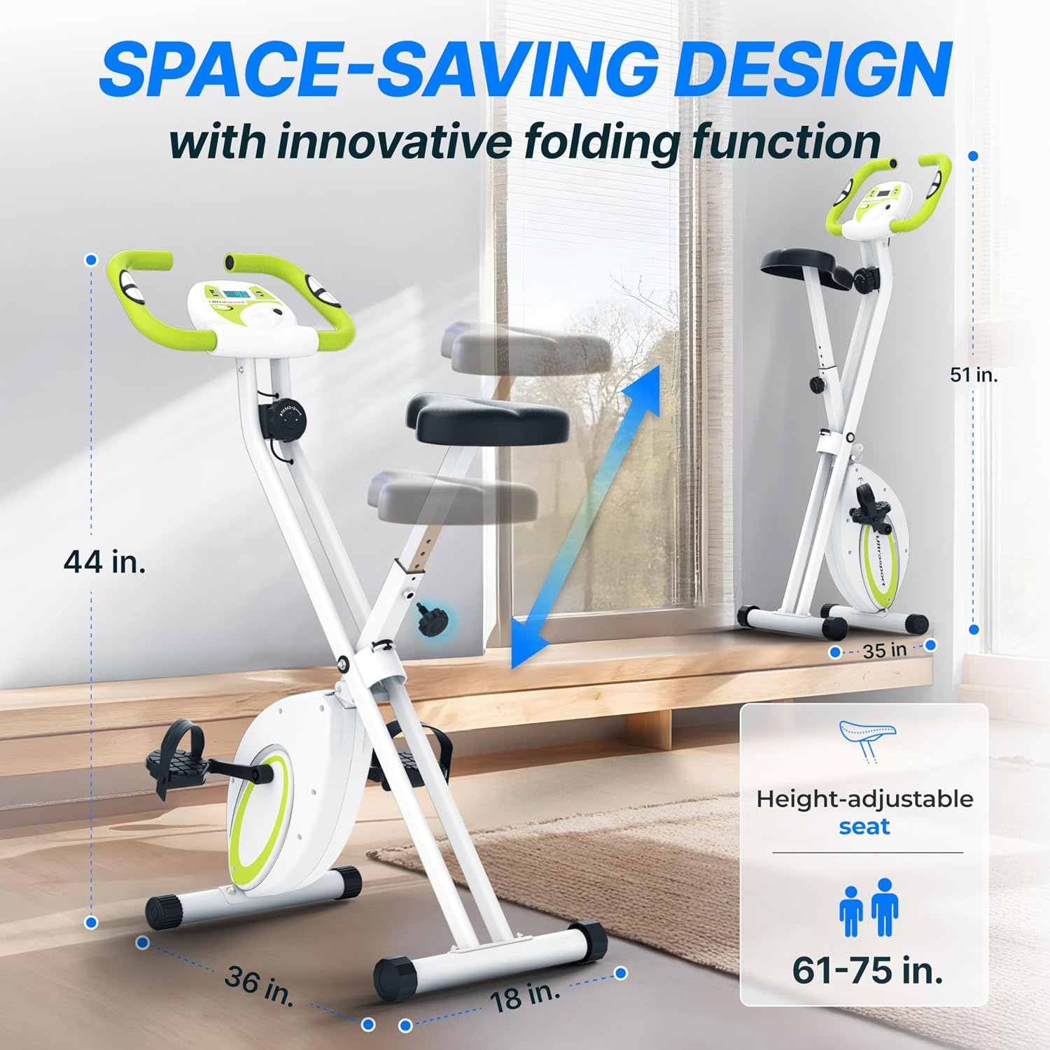 Compacte Opvouwbare Hometrainer | 8 Weerstanden | Wit/Groen - 34% Korting