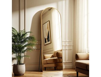 Koonmi Boog full-body spiegel, 45 x144 cm afgeronde staande spiegel in bodemlengte met frame van aluminiumlegering, full-body spiegel met standaard, staand, hangend of tegen de muur leunend, goud