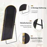 Koonmi Boog full-body spiegel, 45 x144 cm afgeronde staande spiegel in bodemlengte met frame van aluminiumlegering, full-body spiegel met standaard, staand, hangend of tegen de muur leunend, goud
