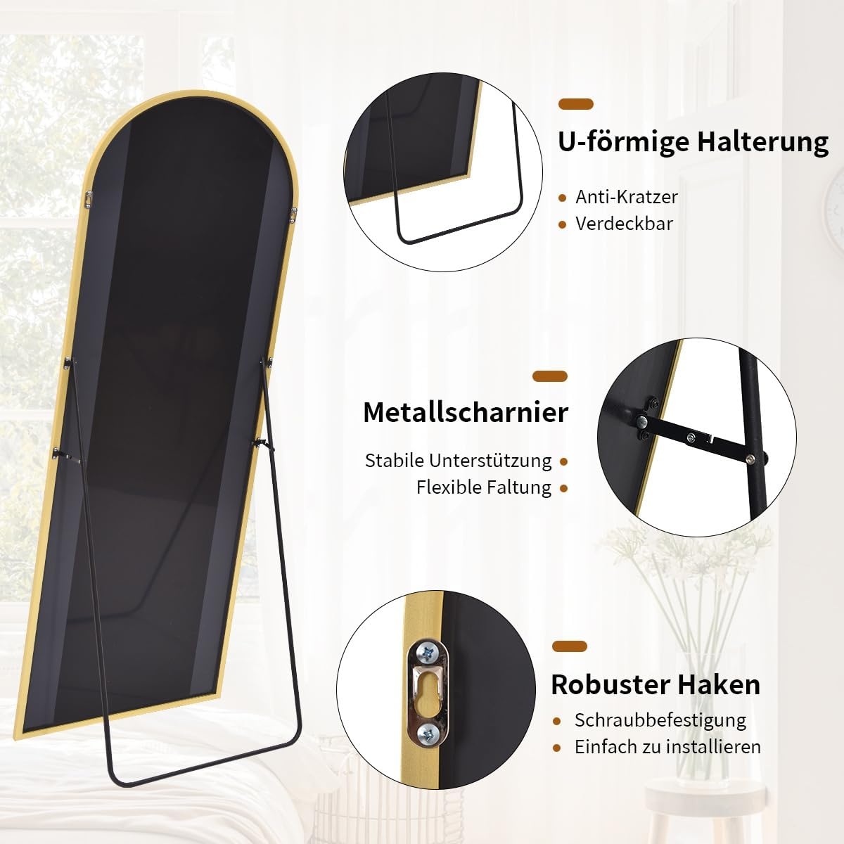 Koonmi Boog full-body spiegel, 45 x144 cm afgeronde staande spiegel in bodemlengte met frame van aluminiumlegering, full-body spiegel met standaard, staand, hangend of tegen de muur leunend, goud