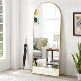 Koonmi Boog full-body spiegel, 45 x144 cm afgeronde staande spiegel in bodemlengte met frame van aluminiumlegering, full-body spiegel met standaard, staand, hangend of tegen de muur leunend, goud