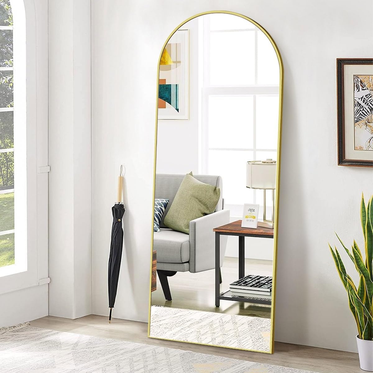 Koonmi Boog full-body spiegel, 45 x144 cm afgeronde staande spiegel in bodemlengte met frame van aluminiumlegering, full-body spiegel met standaard, staand, hangend of tegen de muur leunend, goud