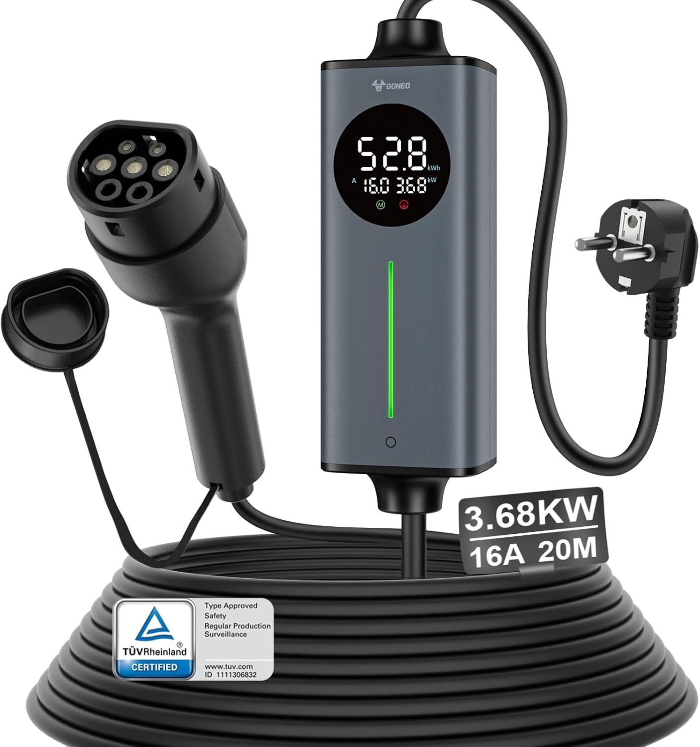 GONEO Laadbaksteen 3,68kW 16A Enkelfasig | EV-lader Type 2 Laadkabel Schuko 20m | Automatische Aarding & Temperatuurcontrole, AC+DC Aardlekbeveiliging, Timer voor Vertraagd Laden | Thuislaadstation - Maat 20M | TUV CE