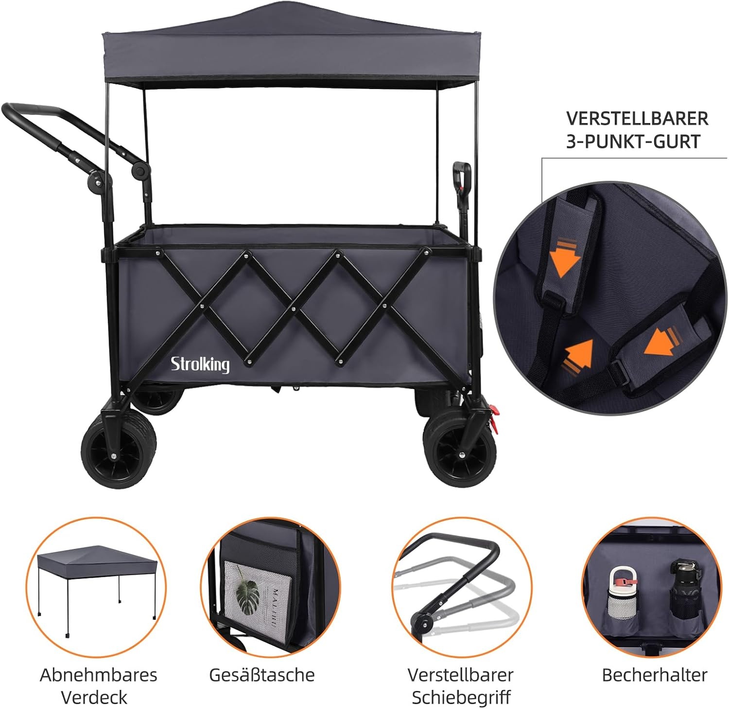 150 l opvouwbare wagen met 150 kg gewicht capaciteit, Utility trolley heavy duty met afneembare kap, grijs