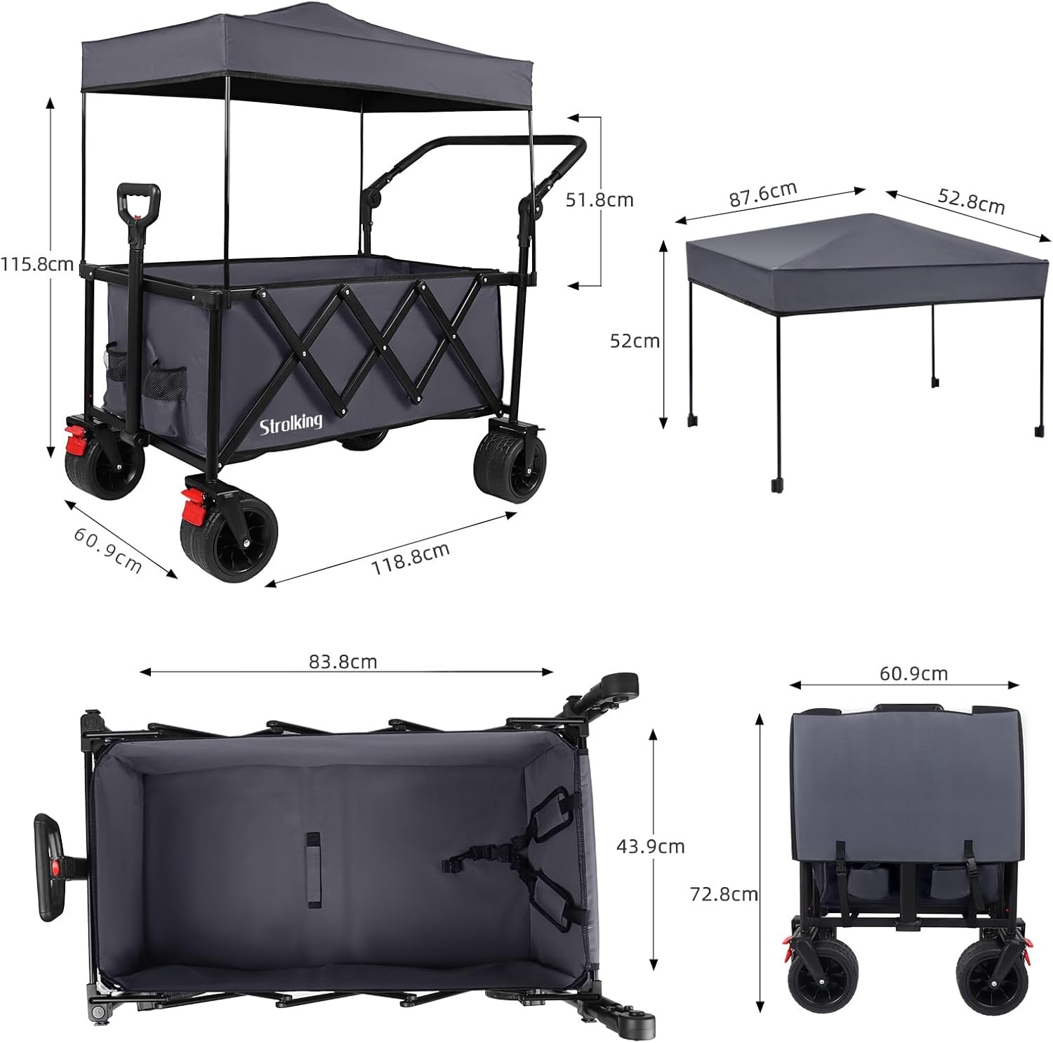 150 l opvouwbare wagen met 150 kg gewicht capaciteit, Utility trolley heavy duty met afneembare kap, grijs