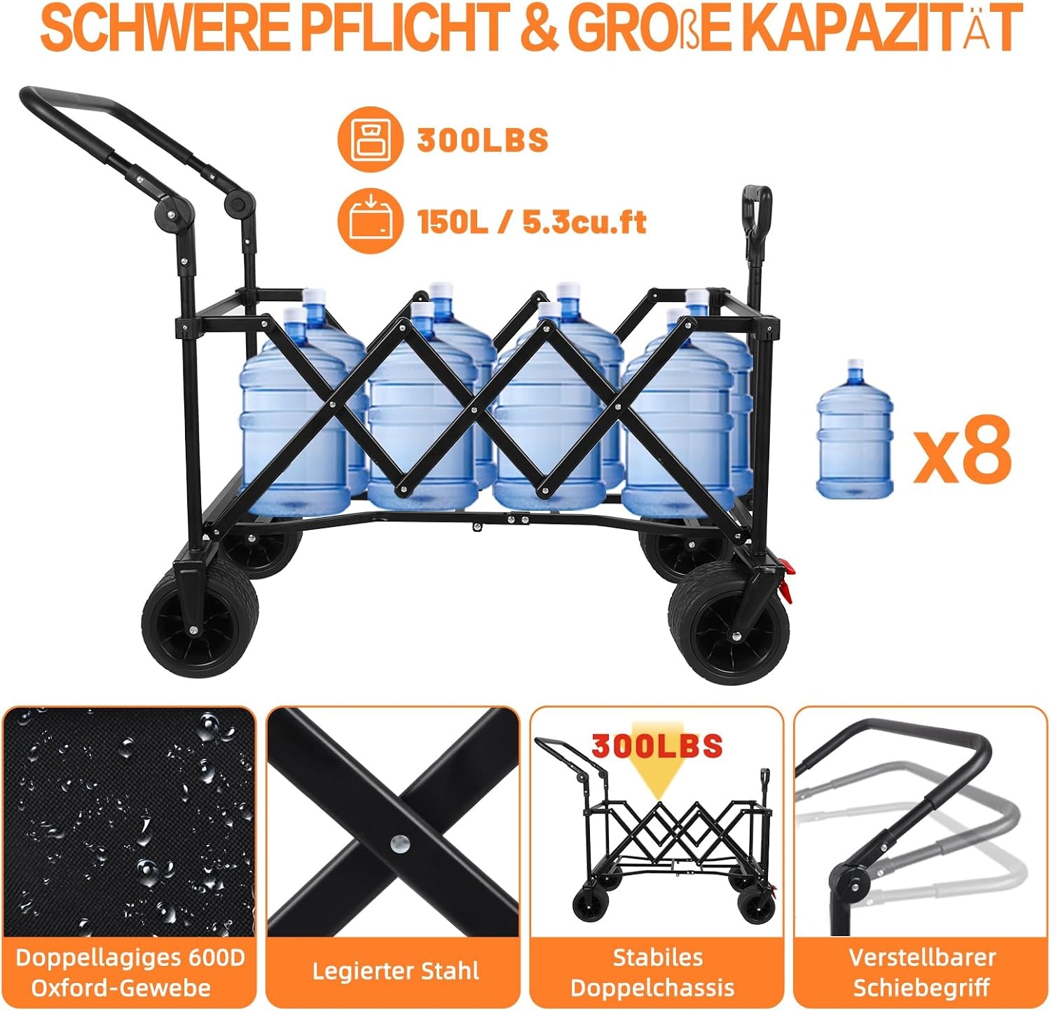 150 l opvouwbare wagen met 150 kg gewicht capaciteit, Utility trolley heavy duty met afneembare kap, grijs