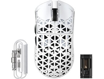 ATTACK SHARK R5 Ultra koolstofvezel gaming-muis, 39 g superlight, 8000Hz draadloze muis, 42000 DPI, PAW3950MAX-sensor, Nordic 52840 MCU, Bluetooth/2.4G/bekabeld, met spiraalkabel, PC/Mac, wit