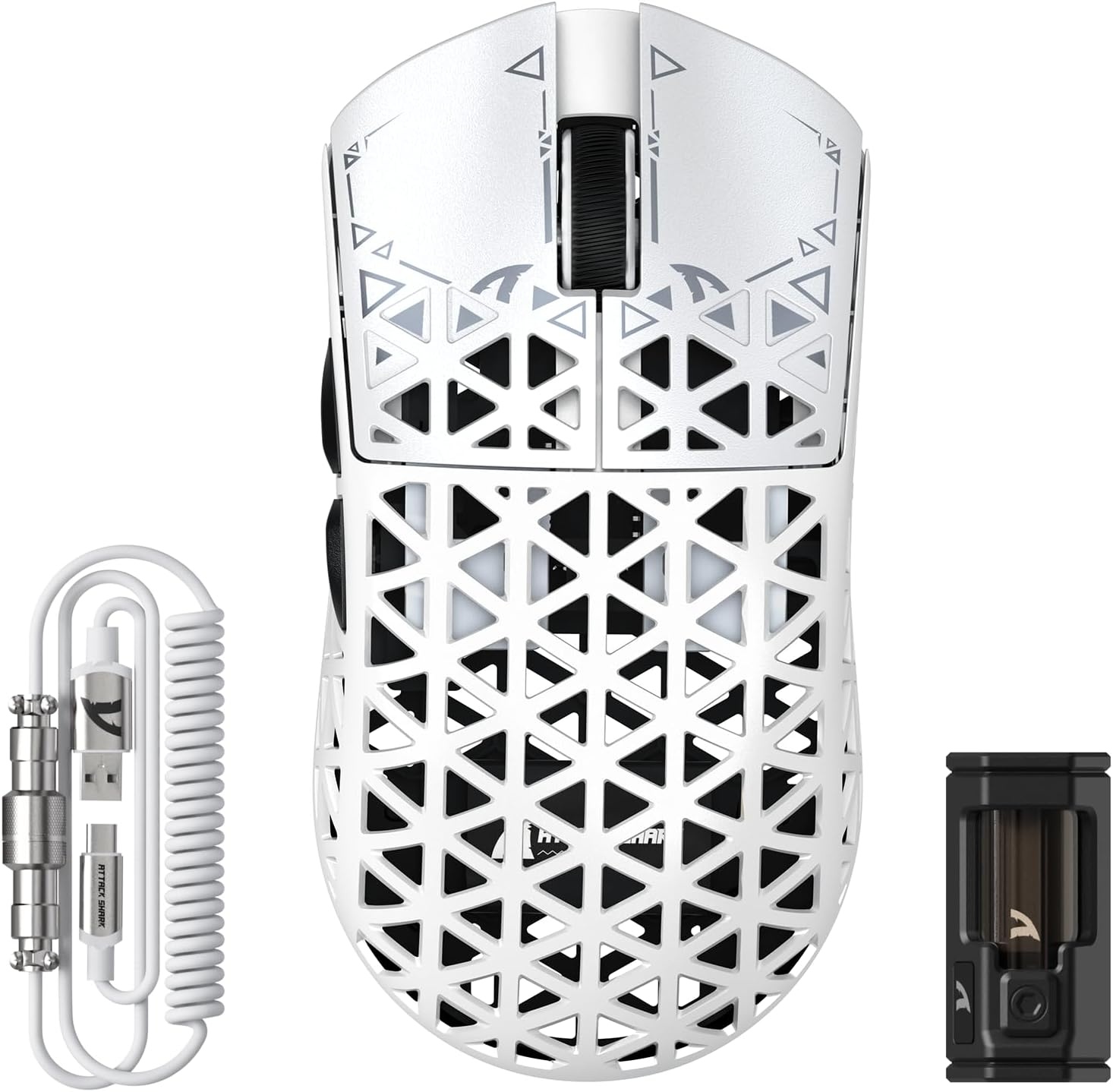 ATTACK SHARK R5 Ultra koolstofvezel gaming-muis, 39 g superlight, 8000Hz draadloze muis, 42000 DPI, PAW3950MAX-sensor, Nordic 52840 MCU, Bluetooth/2.4G/bekabeld, met spiraalkabel, PC/Mac, wit
