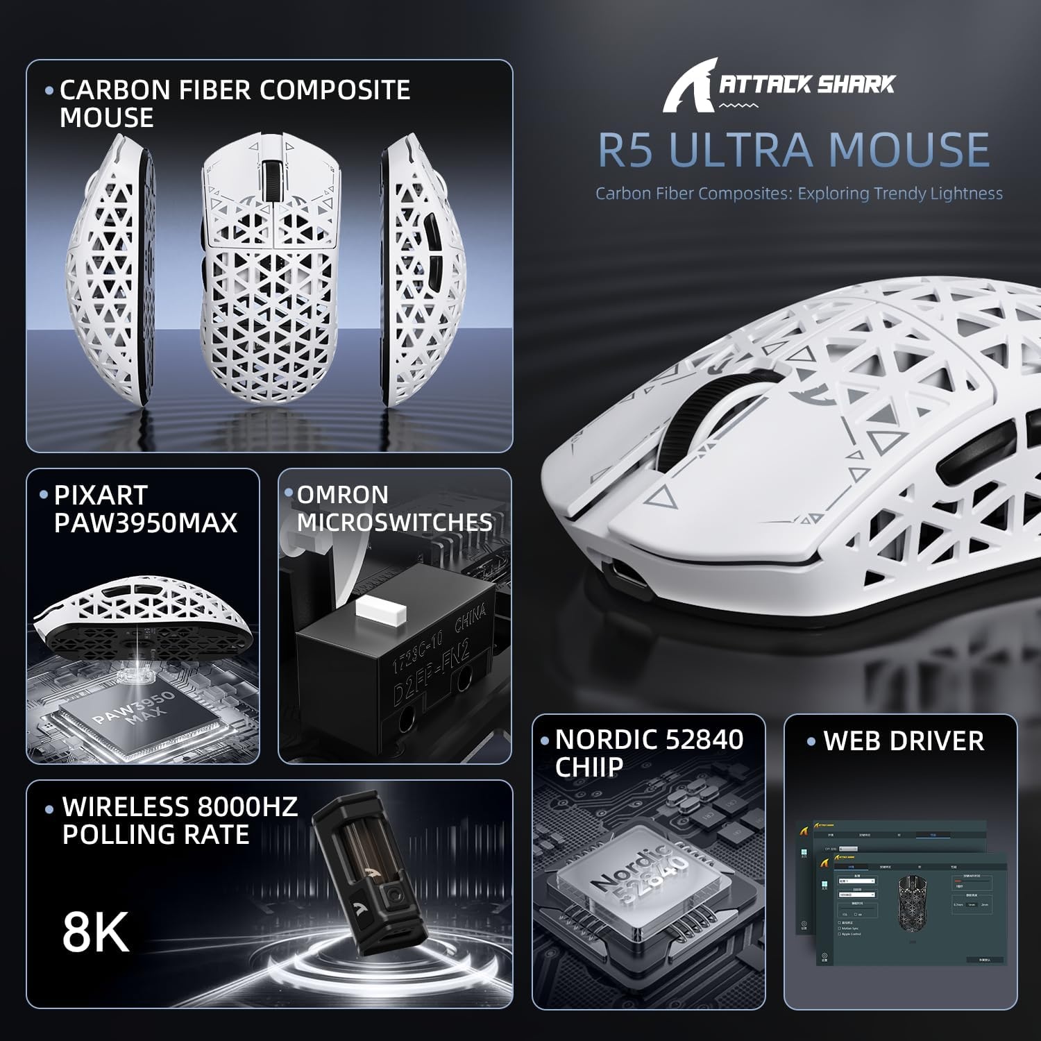 ATTACK SHARK R5 Ultra koolstofvezel gaming-muis, 39 g superlight, 8000Hz draadloze muis, 42000 DPI, PAW3950MAX-sensor, Nordic 52840 MCU, Bluetooth/2.4G/bekabeld, met spiraalkabel, PC/Mac, wit