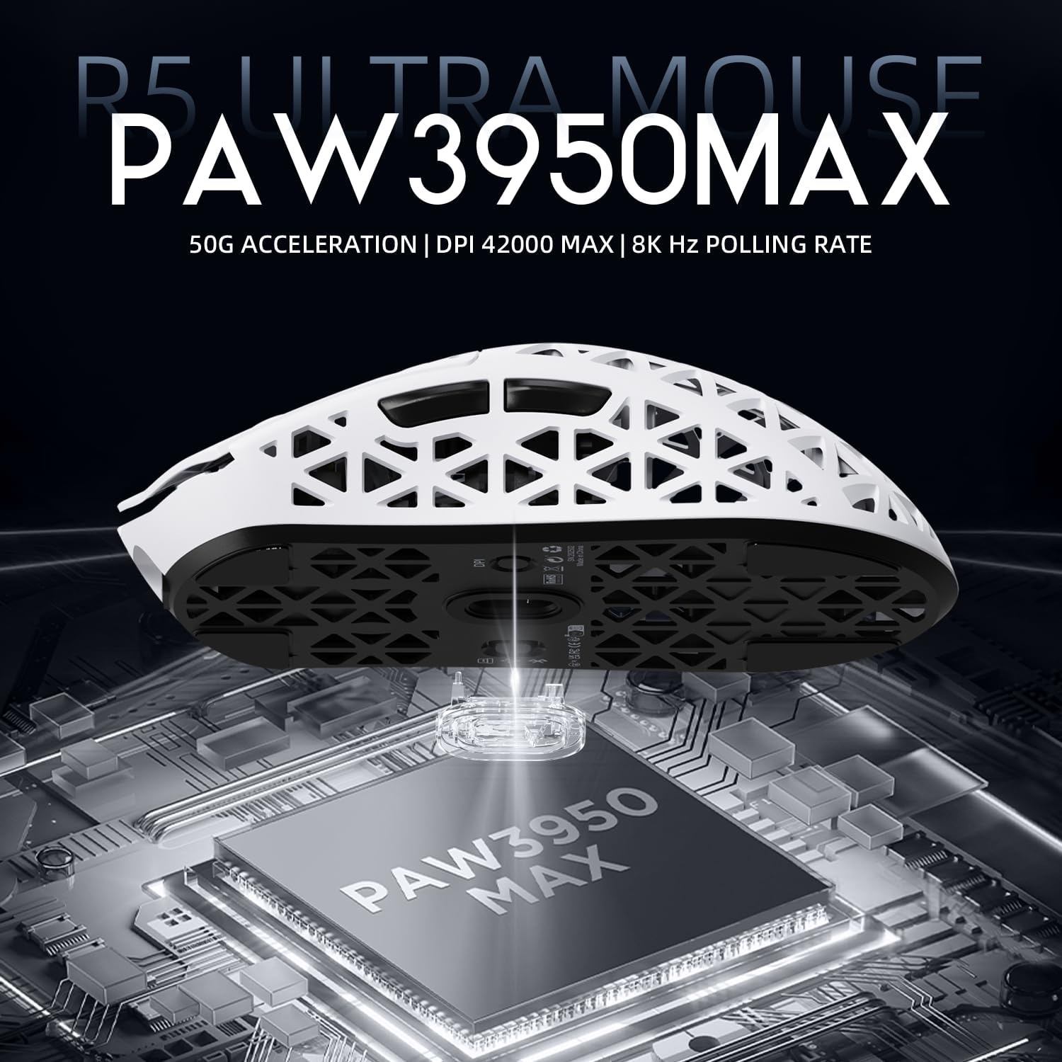 ATTACK SHARK R5 Ultra koolstofvezel gaming-muis, 39 g superlight, 8000Hz draadloze muis, 42000 DPI, PAW3950MAX-sensor, Nordic 52840 MCU, Bluetooth/2.4G/bekabeld, met spiraalkabel, PC/Mac, wit