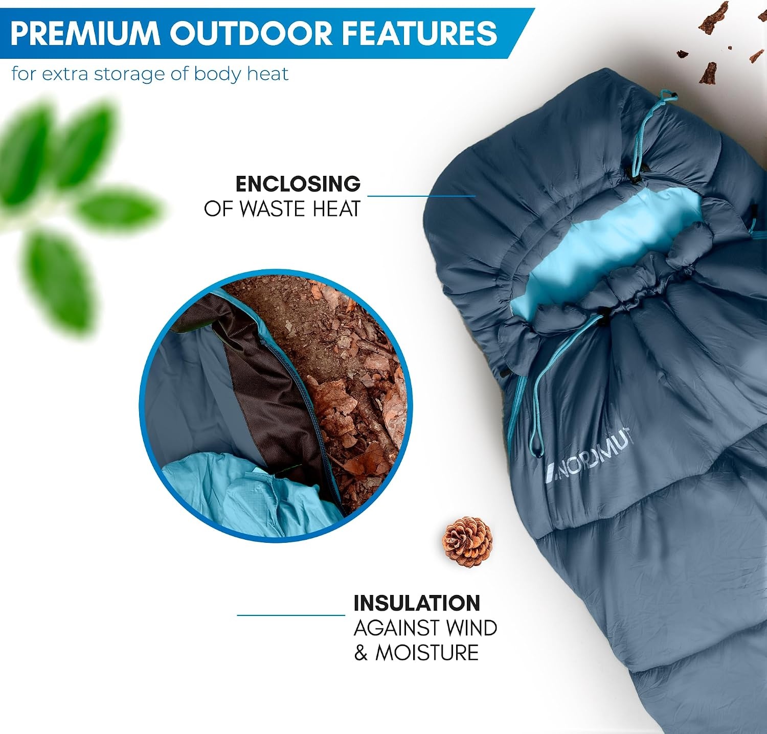 NORDMUT winterslaapzak -10 tot 0 graden, opvouwbare winterslaapzak voor buiten, geschikt voor kamperen, 1700 g – mummyslaapzak, waterafstotend, 350 GSM, met capuchon en verwarmende kraag