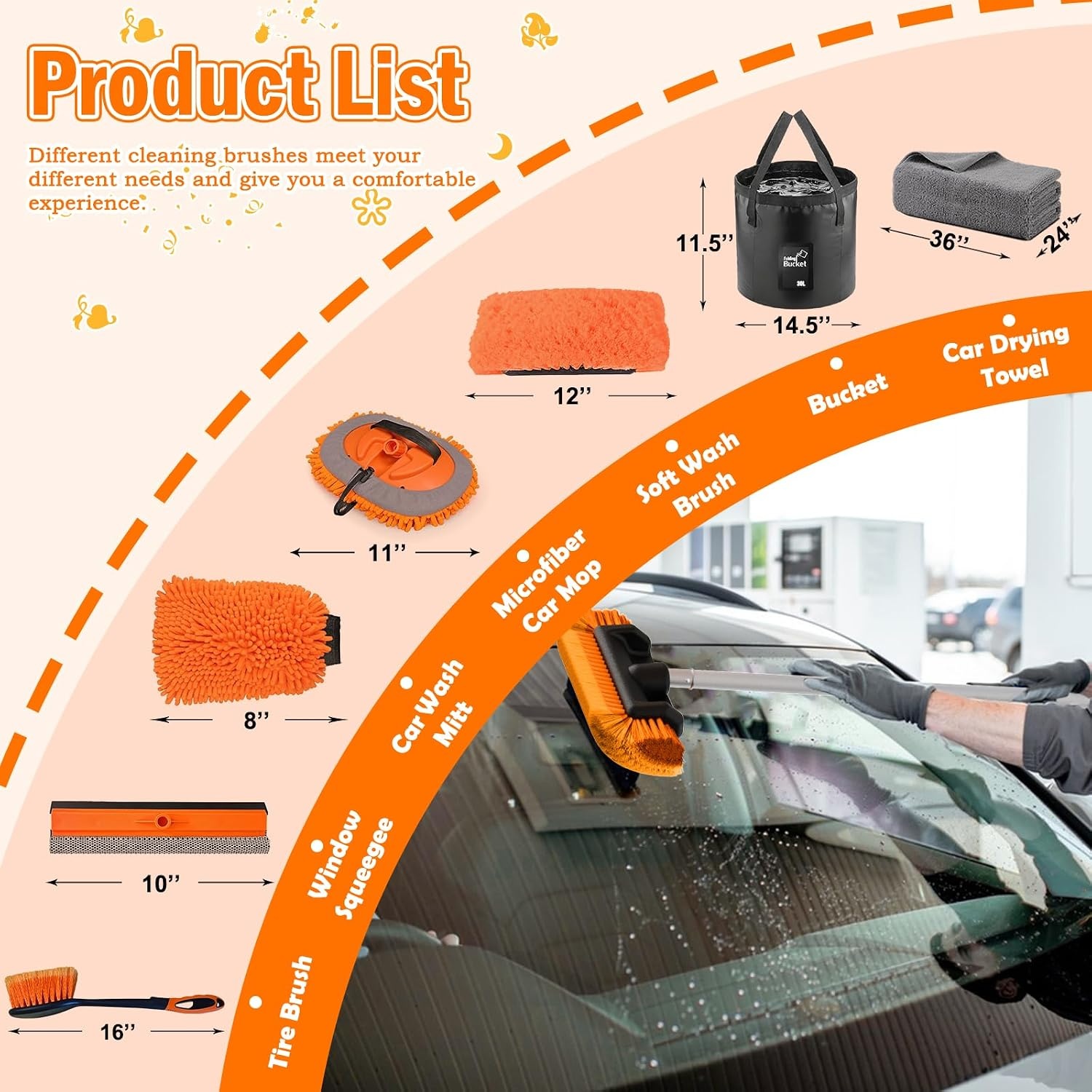 LAANPOLE 3,65 m autowasborstel met lange steel, autoreinigingsset met zachte borstelharen wasborstel, microvezel reinigingsdweil, raamtrekker, washandschoen, wielborstel, emmer, droogdoek voor camper