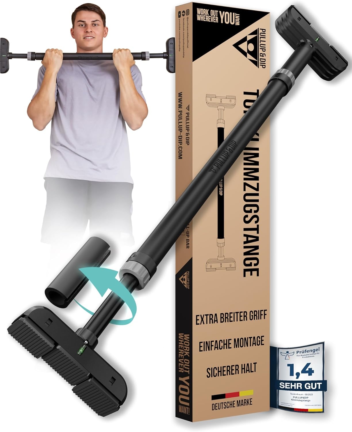 PULLUP & DIP Optrekstang voor deurkozijnen om op te hangen zonder schroeven en zonder verschuiven, professionele deurstang, optrekstang met gevoerde handgrepen