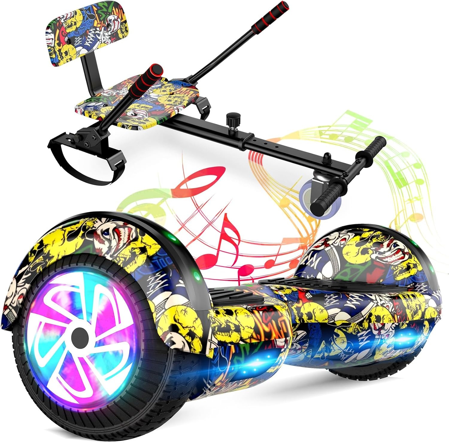 Hoverboard met zitbevestiging, combo, 6,5 inch, zelfbalancerende hoverboards met bluetooth-luidspreker en ledverlichting, voor kinderen, meisjes en jongens, inclusief go-kart