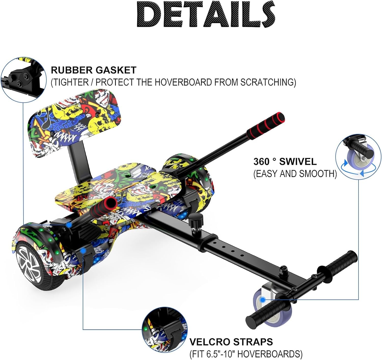 Hoverboard met zitbevestiging, combo, 6,5 inch, zelfbalancerende hoverboards met bluetooth-luidspreker en ledverlichting, voor kinderen, meisjes en jongens, inclusief go-kart