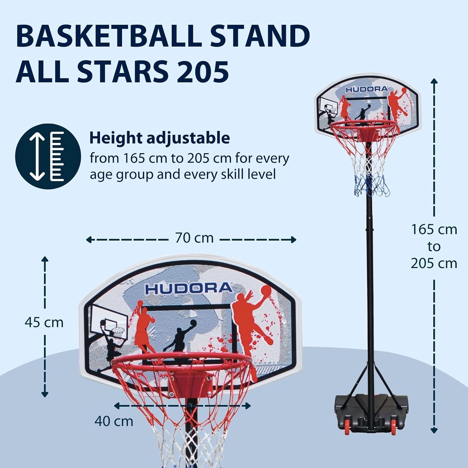 Hudora Basketbalstandaard All Stars basketbalstandaard, in hoogte verstelbaar, 165-205 cm