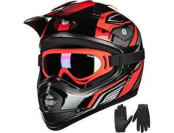 ILM kinderen Motocross Dirt Bike Motorhelm met Goggle Handschoenen ATV Off Road ECE B07,Rood Zwart,M