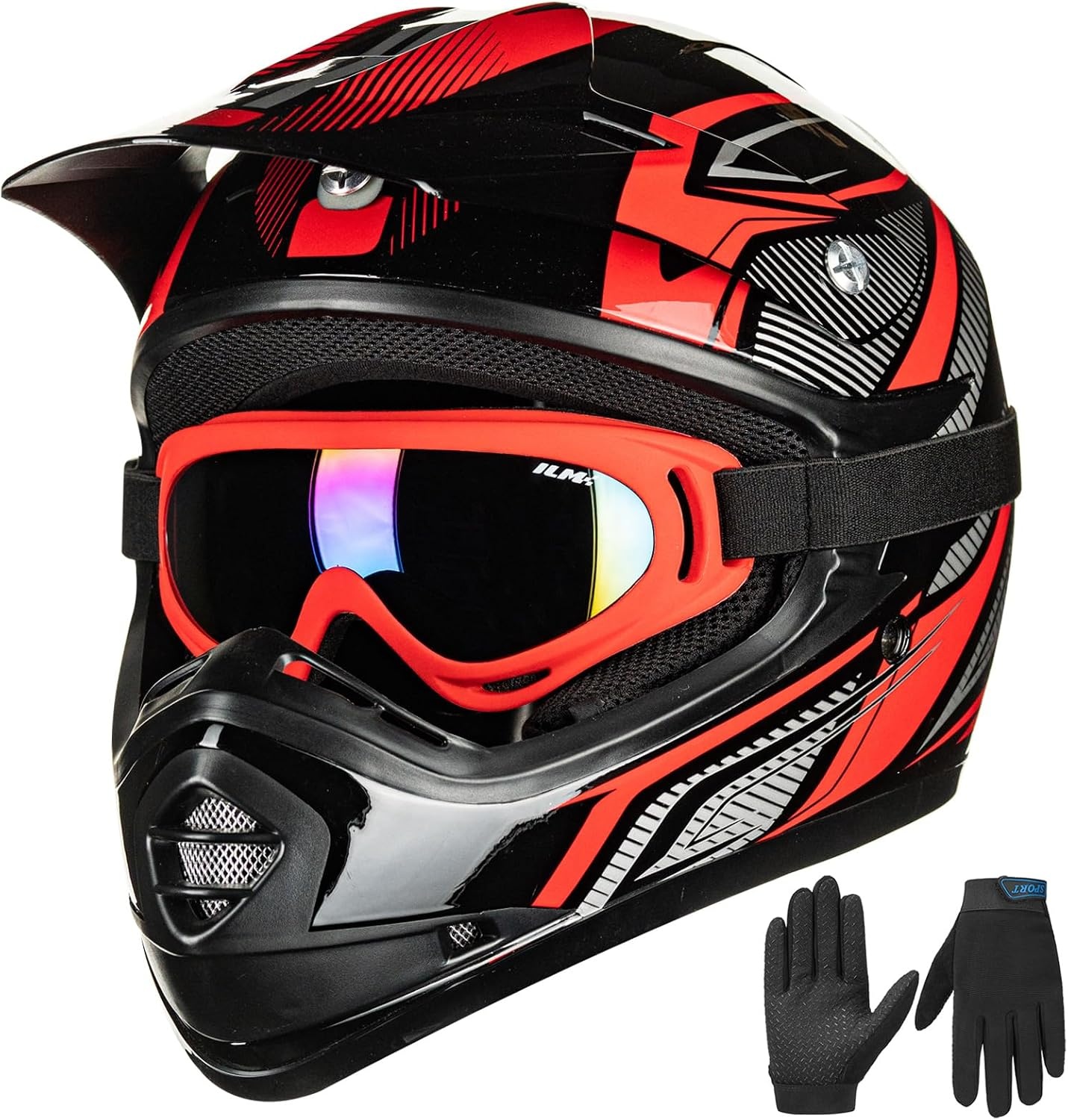 ILM kinderen Motocross Dirt Bike Motorhelm met Goggle Handschoenen ATV Off Road ECE B07,Rood Zwart,M
