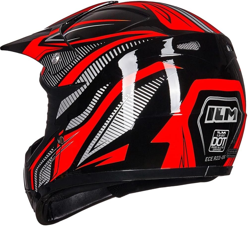 ILM kinderen Motocross Dirt Bike Motorhelm met Goggle Handschoenen ATV Off Road ECE B07,Rood Zwart,M