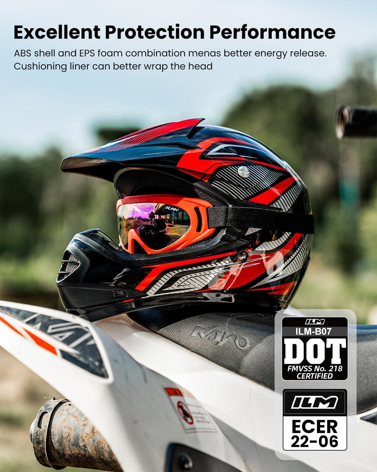 ILM kinderen Motocross Dirt Bike Motorhelm met Goggle Handschoenen ATV Off Road ECE B07,Rood Zwart,M