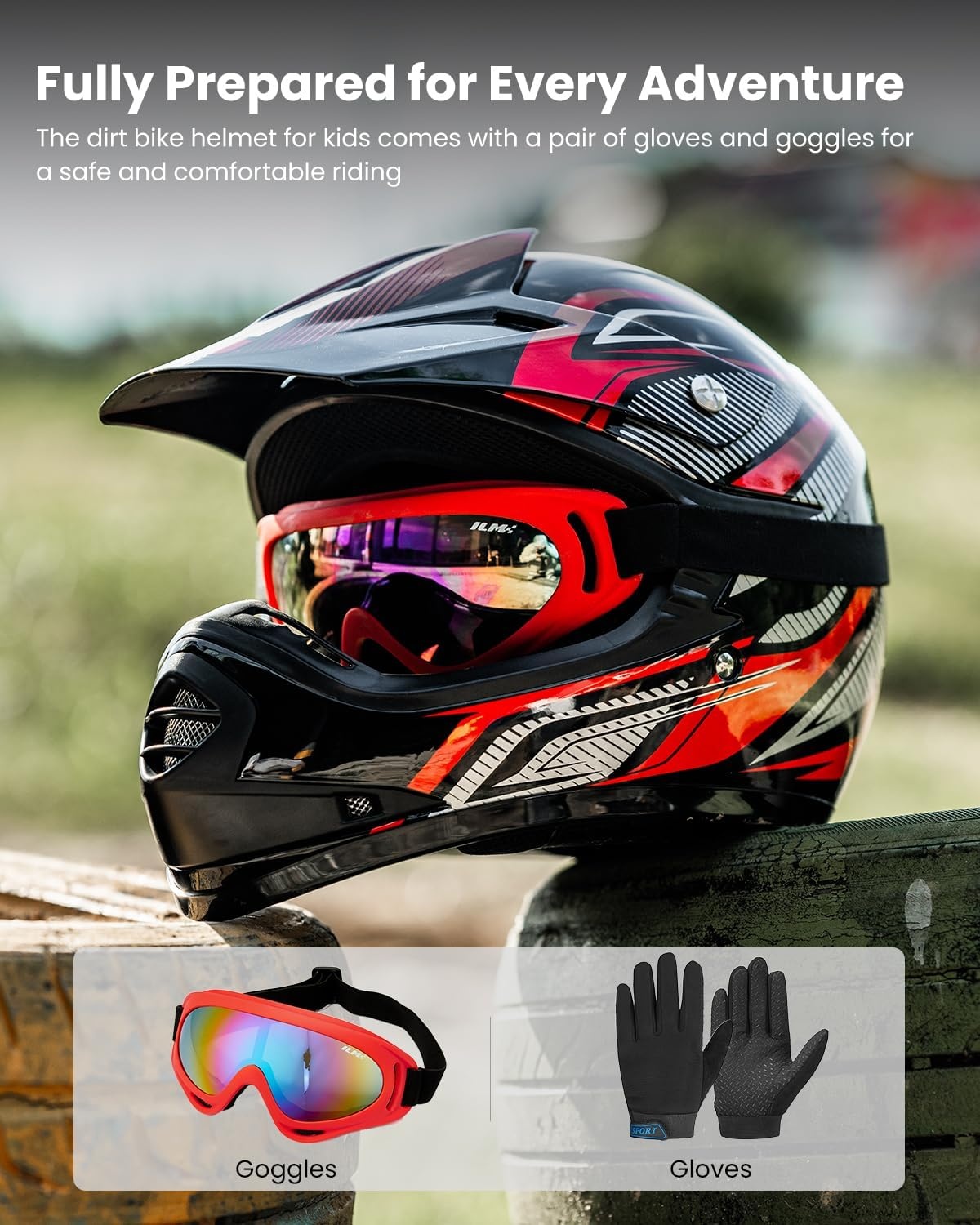 ILM kinderen Motocross Dirt Bike Motorhelm met Goggle Handschoenen ATV Off Road ECE B07,Rood Zwart,M