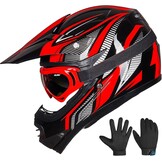ILM kinderen Motocross Dirt Bike Motorhelm met Goggle Handschoenen ATV Off Road ECE B07,Rood Zwart,M