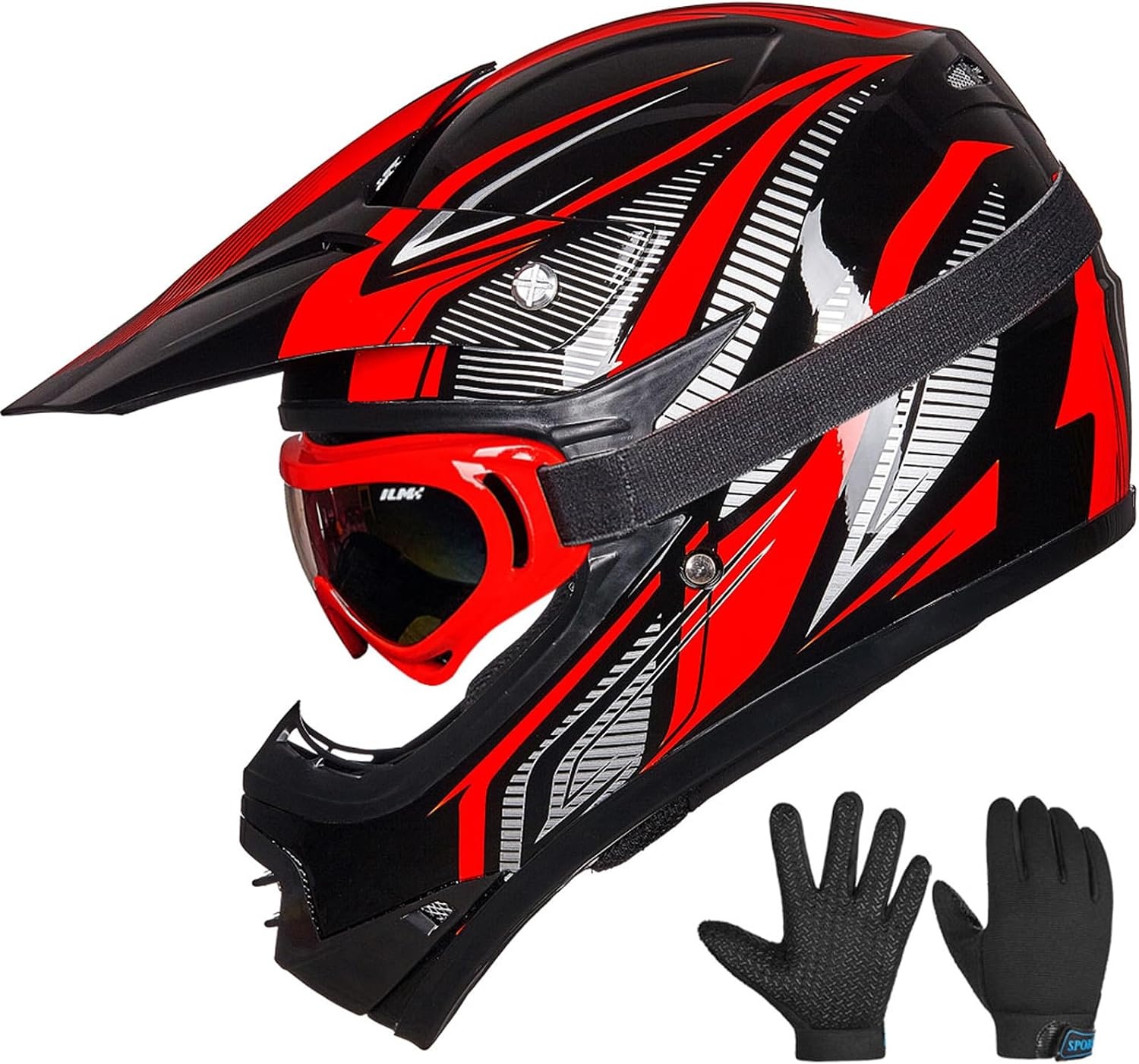 ILM kinderen Motocross Dirt Bike Motorhelm met Goggle Handschoenen ATV Off Road ECE B07,Rood Zwart,M