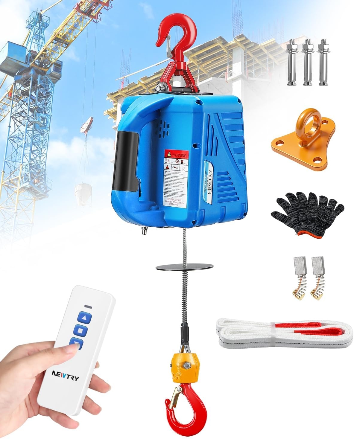 NEWTRY Elektrische takel met draadloze afstandsbediening, kabelafstandsbediening, 1500 W elektrische lier overbelastingsbeveiliging, maximale belasting 300 kg