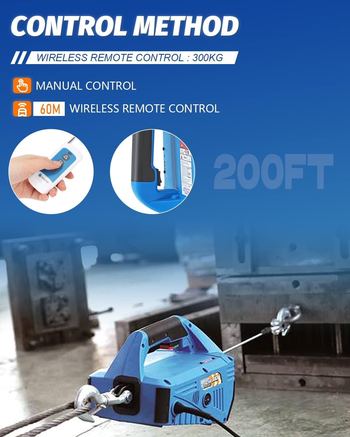 NEWTRY Elektrische takel met draadloze afstandsbediening, kabelafstandsbediening, 1500 W elektrische lier overbelastingsbeveiliging, maximale belasting 300 kg