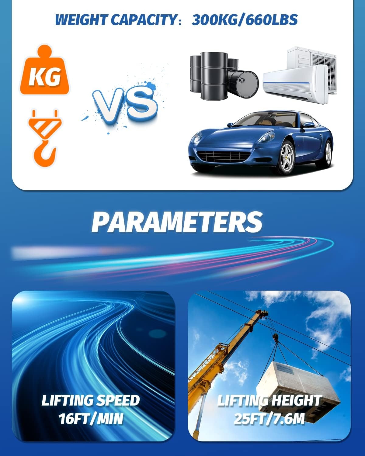 NEWTRY Elektrische takel met draadloze afstandsbediening, kabelafstandsbediening, 1500 W elektrische lier overbelastingsbeveiliging, maximale belasting 300 kg