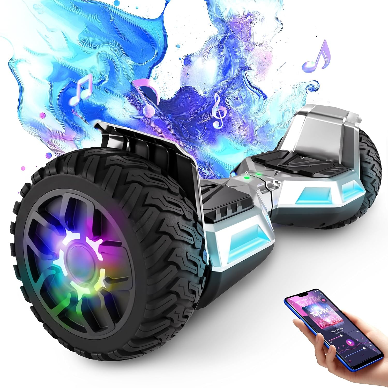 Hoverboard, 8,5 inch, all-terrain hoverboard, met bluetooth en ledlicht, sterke dubbele motor, geschikt voor volwassenen en kinderen, zilver